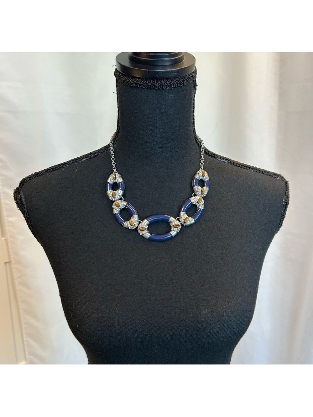 KIAM family navy blue tiger eye oval crystal rhinestone necklace